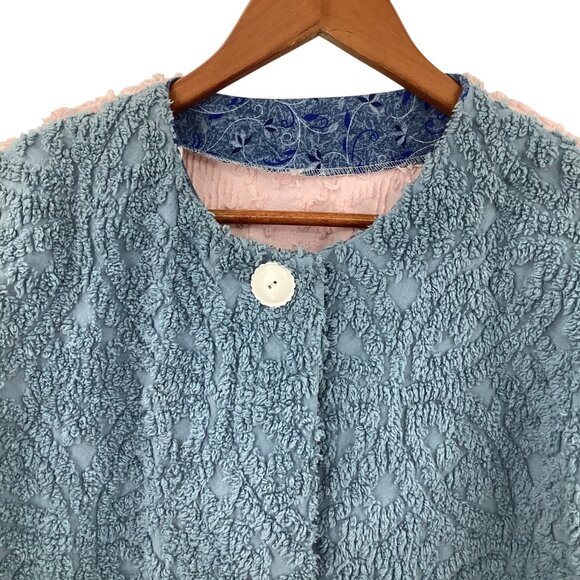 Handmade Women's XL Color Block Terrycloth Cardigan Jacket Blue Pink White - Picture 3 of 4